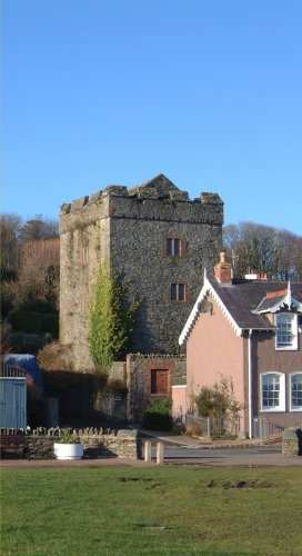 Strangford Castle - The Castle overlooks the harbour and the ferry landing. The small tower shared with Portaferry Castle, which can be seen across the narrows, the duty of monitoring ferry activity between the shores and watching the sea traffic in and out of Strangford Lough. `In the time of Queen Elizabeth' reported Harris in 1744 `there was a castle maintained for securing the Quiet of this Country'. The castle appears to date from the 16th century, though there is evidence that an earlier structure was incorporated. 
Photo - Pat Devlin